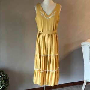Joie embroidered Tiered boho Midi Sundress side zipper belted yellow size 6